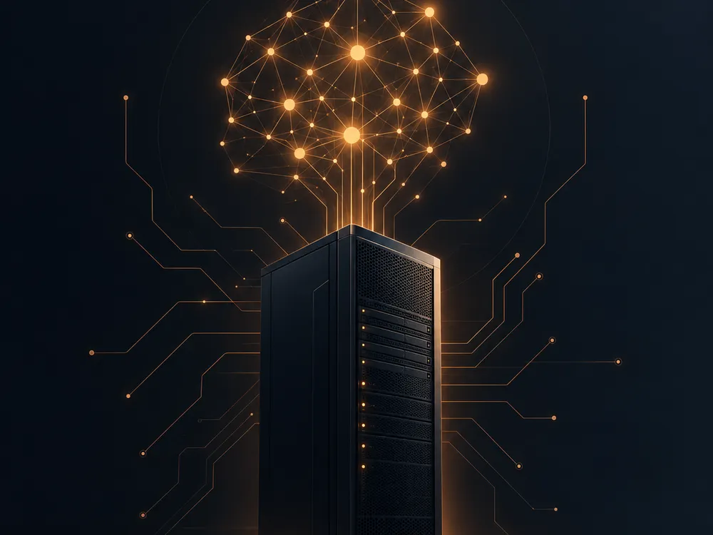 Abstract illustration of a local AI server with a glowing neural network graph, representing a self-hosted AI architecture