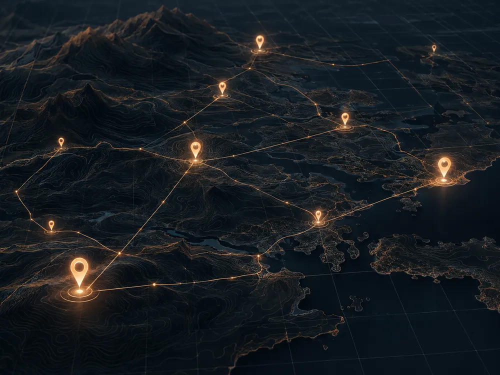 Abstract illustration of a topographic map with connected location markers, representing a property geocoding and quoting engine