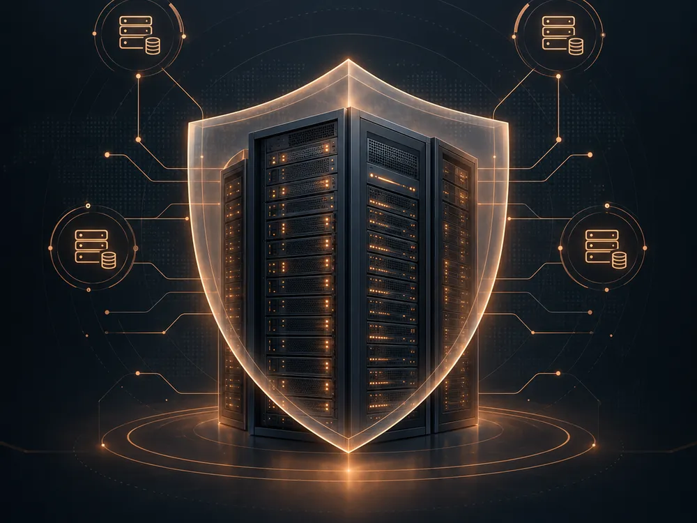 Abstract illustration of a server rack protected by a shield motif, representing infrastructure resilience and disaster recovery